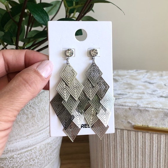 Express Silver Dangle Drop Earrings NEW faux diamond stud detail - Picture 7 of 14